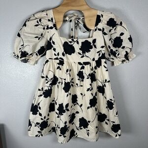 Sofie The Label Dress Womens Medium Cream Black Floral Ruffle Puff Sleeve Lined